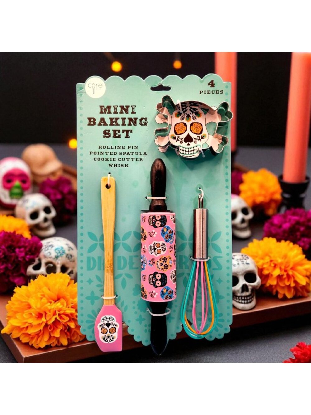 Sugar Skull Mini Baking Set Spatula Cookie Cutter Rolling Pin Halloween 4PC Core
